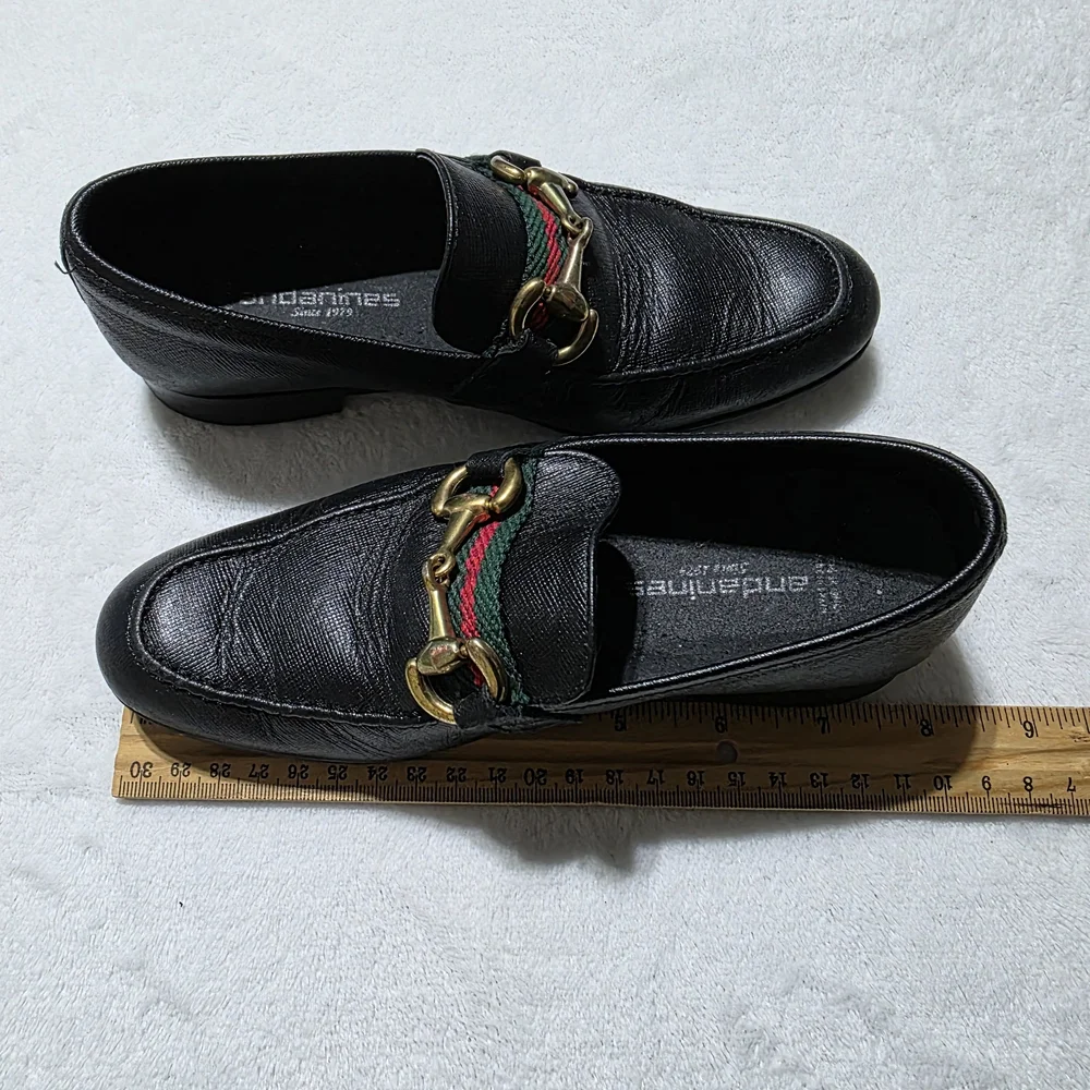 Andanines Boys Green Red Ribbon Chain Slip-On Luxurious Black Leather Loafers 29